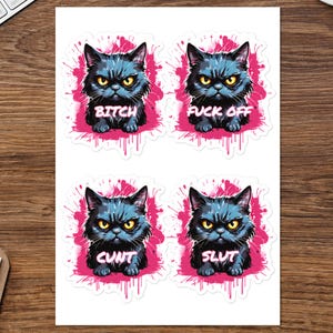 Rude Black Cat Aufkleber Set | Freche Schimpfwort-Aufkleber | Edgy Judgemental Cat Abziehbilder | Offensive Laptop Aufkleber