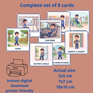 May include: A complete set of 8 cards featuring illustrations of a child in various daily activities like a car ride, park, and playground. The cards include text labels for each scene. The set is available as a digital download in 5x5 cm, 7x7 cm, and 10x10 cm sizes.
