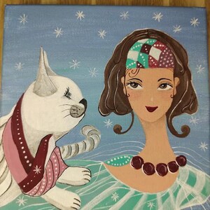 Whimsical Girl and Cat Painting – 15x15 cm Acrylic on Canvas – Original Artwork – Cozy Wall Art – Gift for Cat Lover