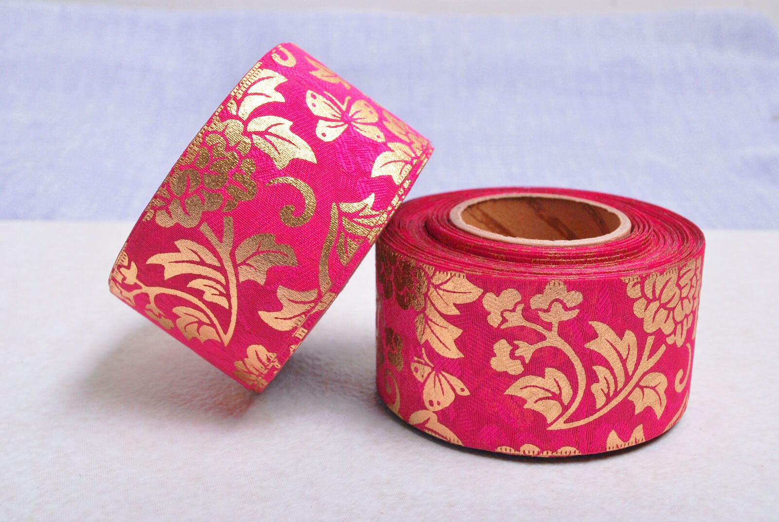 18 M rouleau (app.19.69 YDs) x 40mm(1.5") or imprimé sur Hot rose en mousseline de soie unique visage traditionnel coréen Hanbok ruban tissu 18 M rouleau x (app.19.69 YDs) x rouleau 40mm(1.5