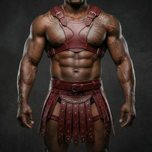 Könnte beinhalten: Ein burgunderfarbenes Leder-Harness- und Rock-Set. Das Harness verfügt über mehrere Riemen und Nieten, während der Rock ein plissiertes Design mit passenden Riemen aufweist. Das Set ist im Gladiator-Thema gestaltet.
