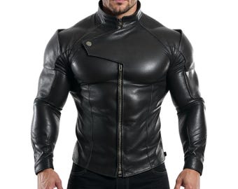 Futuristic Genuine Leather Jacket - Handmade Black Leather Cyberpunk Armor Jacket - Slim Fit Biker Motorcycle Jacket - Cosplay Ready