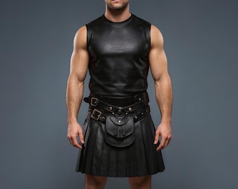 May include: Black leather sleeveless top and kilt with a matching belt. The kilt features pleats and a small pouch. The belt has a buckle and decorative rivets. The outfit is made of a smooth, shiny material.