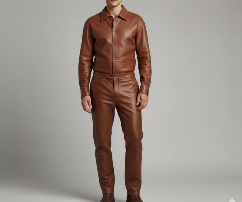 Puede incluir: Imagen de cuerpo entero de un atuendo de cuero marr&oacute;n. El conjunto consta de una camisa abotonada y pantalones a juego. La camisa tiene cuello y mangas largas. Los pantalones son de corte recto. El atuendo es de cuero liso y brillante.
