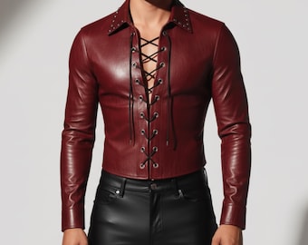 Camisa de cuero burdeos con cordones para hombre | Top ajustado estilo corsé vintage | Moda rock gótica