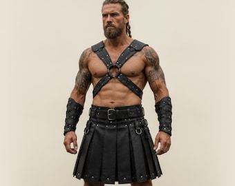 Krijgerkilt en harnasset - Zwarte leren gevechtskilt en riemen - Viking LARP cosplay-uitrusting - Festivalkleding voor heren