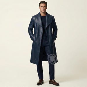 Herrblå lång läderkappa, trenchcoat, moderna vardagliga ytterkläder bild 2