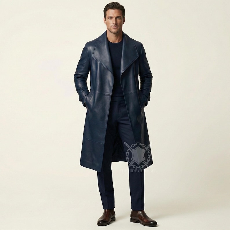 Herrblå lång läderkappa, trenchcoat, moderna vardagliga ytterkläder bild 2