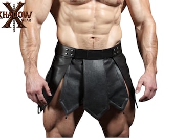 Falda escocesa de cuero de gladiador para hombre - Falda de guerrero de cuero genuino negro hecha a mano, falda escocesa de festival gótico steampunk, disfraz medieval de LARP para cosplay