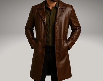 Handgjord brun lädertrenchcoat – Lång jacka i vintagestil för män, Skräddarsydd överrock i äkta läder, Klassisk vintermode