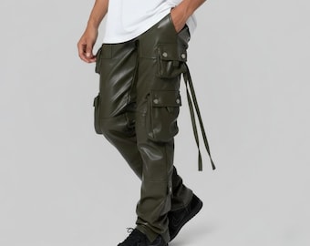 Men’s Olive Green Leather Cargo Pants, Handmade Genuine Leather Biker Trousers, Military Utility Streetwear