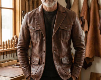 May include: A brown leather jacket with four front pockets and button closures. The jacket has a classic design and a tailored fit. The leather appears to be distressed, giving it a vintage look. The jacket is worn over a dark sweater.