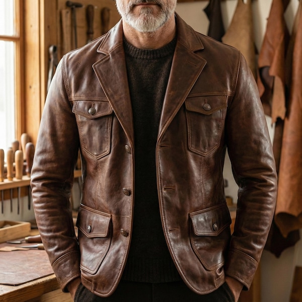 Men's Brown Leather Blazer - Stylish Tailored Leather Jacket - Vintage Brown Leather Outerwear - Elegant & Casual Leather Blazer for Men
