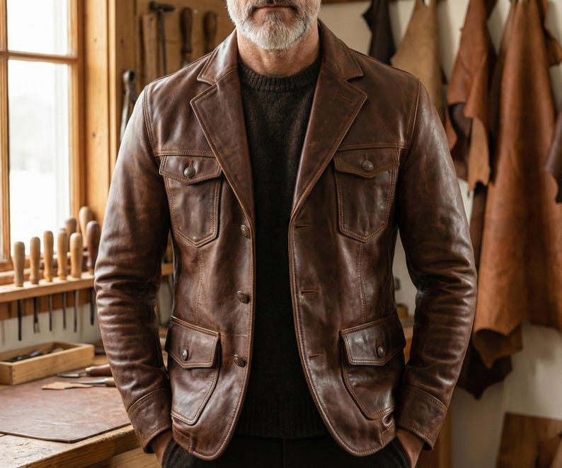 May include: A brown leather jacket with four front pockets and button closures. The jacket has a classic design and a tailored fit. The leather appears to be distressed, giving it a vintage look. The jacket is worn over a dark sweater.