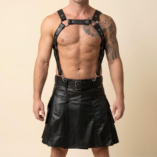Men's Handmade Leather Kilt with Harness Suspenders – Gothic Punk Festival Cosplay Wear