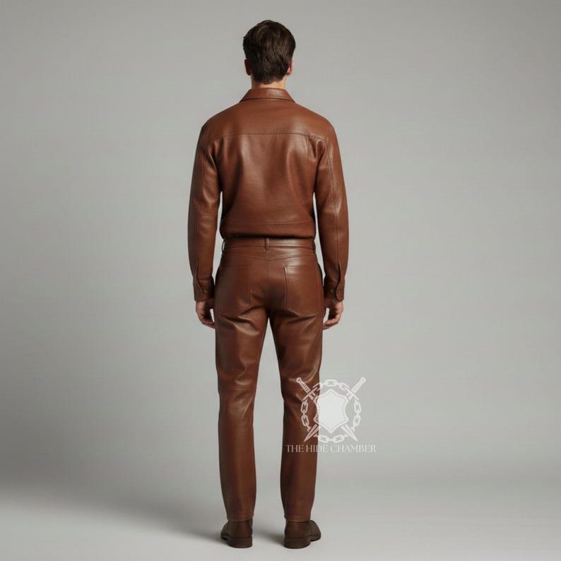 Puede incluir: Un conjunto de chaqueta y pantal&oacute;n de cuero marr&oacute;n. La chaqueta tiene una parte delantera abotonada y los pantalones tienen un dise&ntilde;o cl&aacute;sico de cinco bolsillos. El conjunto est&aacute; hecho de cuero suave y flexible.