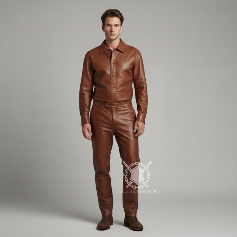 Puede incluir: Toma de cuerpo entero de una persona con una camisa de cuero marr&oacute;n y pantalones a juego. La camisa tiene cuello y botones. Los pantalones est&aacute;n hechos a medida con trabillas. El atuendo es de color marr&oacute;n intenso.