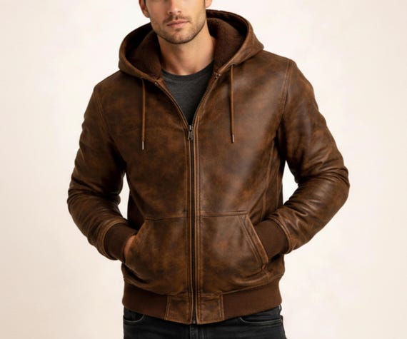 Men’s Handmade Brown Leather Hoodie – Zip-Up Rugged Vintage Biker Jacket