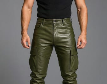 Olive Green Genuine Leather Cargo Pants: Handmade Vintage Military Biker Trousers
