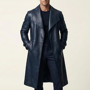 Herrblå lång läderkappa, trenchcoat, moderna vardagliga ytterkläder bild 1