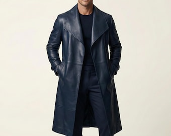 Men's Blue Leather Long Coat, Trench Style Overcoat, Modern Casual Outerwear