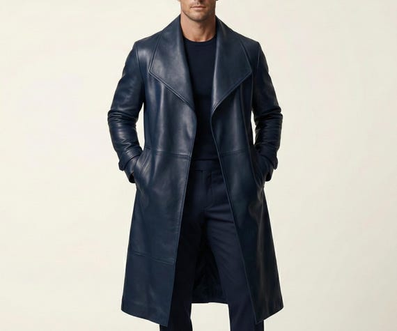 Men’s Blue Leather Long Coat, Trench Style Overcoat, Modern Casual Outerwear
