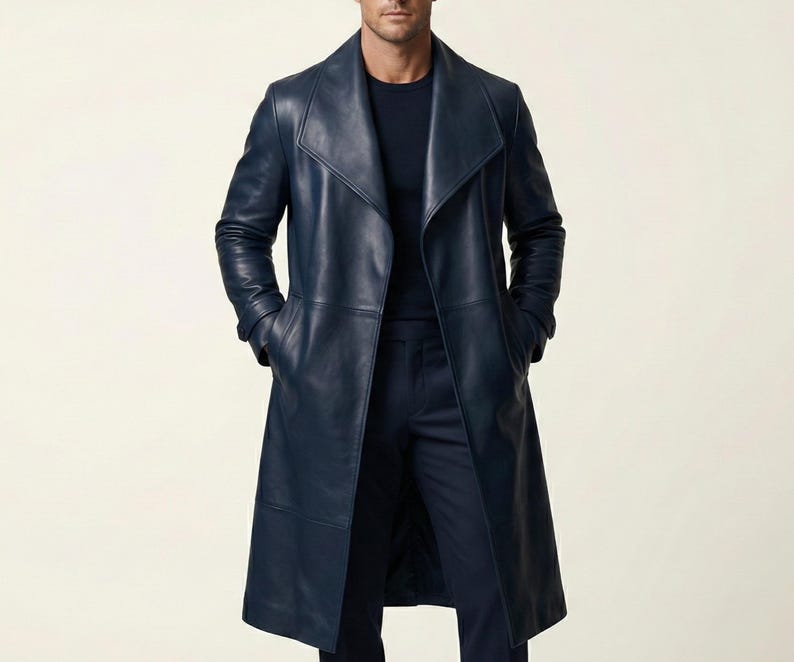 Herrblå lång läderkappa, trenchcoat, moderna vardagliga ytterkläder bild 1