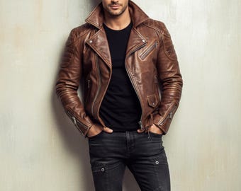 Men’s Brown Leather Biker Jacket | Vintage Style Motorcycle Jacket | Slim fit leather outerwear