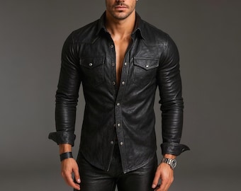 Camicia da uomo in vera pelle di agnello: realizzata a mano, vestibilità attillata, maniche lunghe, stile western