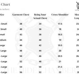 May include: Size chart for clothing, with measurements in inches. Includes sizes from 2X-Small to 5X-Large, detailing garment chest, actual chest, cross shoulder, and sleeve length. The Hide Chamber logo is in the upper right corner.