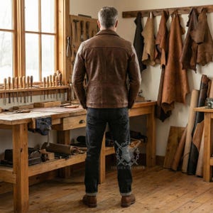 May include: A brown leather jacket with a classic design. The jacket has a collared neckline, front pockets, and a button-down closure. The person is wearing dark blue jeans and brown boots. The background shows a workshop with tools and leather hides.