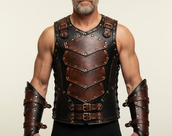 Chaleco de armadura medieval de cuero negro y marrón para hombre – Armadura de pecho de guerrero vikingo renacentista para cosplay