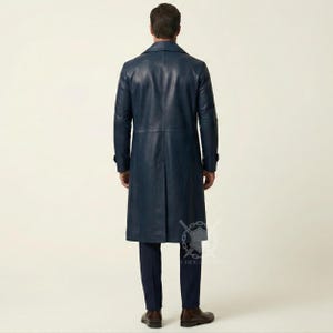Herrblå lång läderkappa, trenchcoat, moderna vardagliga ytterkläder bild 3