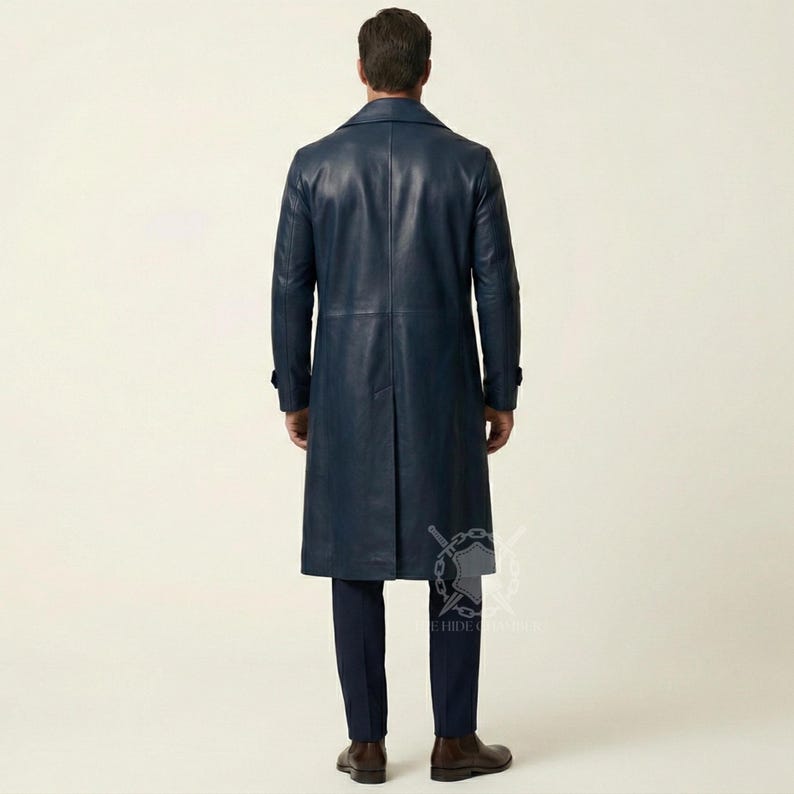 Herrblå lång läderkappa, trenchcoat, moderna vardagliga ytterkläder bild 3