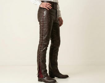 Pantalones de montar de cuero vintage para hombre con cordones laterales - Estilo western de cintura alta