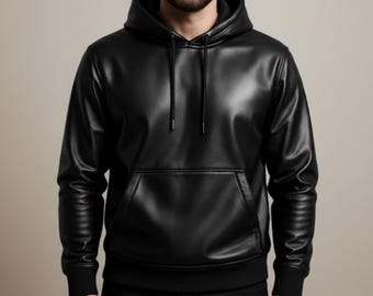 May include: A black leather hoodie with a drawstring hood and a kangaroo pocket. The hoodie has ribbed cuffs and hem. The material has a slight sheen.