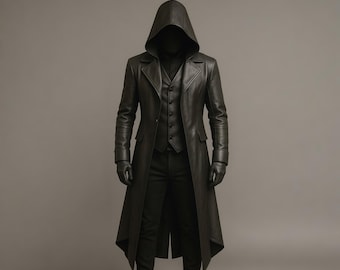 Svart herrtrenchcoat med huva i läder | Handgjord gotisk steampunkjacka | Lång cyberpunkkappa | Ytterkläder för dystopisk festivalcosplay