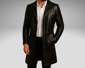 Handgjord svart lädertrenchcoat – Äkta fårskinnsöverrock för män, vintage gotisk stil, specialanpassad vinterjacka