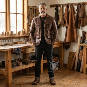 May include: A brown leather jacket with four front pockets and a classic collar. The jacket is worn over a dark shirt and paired with black jeans and brown boots. The setting is a workshop with wooden workbenches and tools.