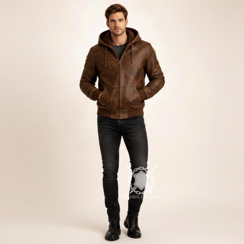 May include: A brown leather hooded jacket with a zipper closure and front pockets. The jacket is worn with black jeans and black boots. The model is standing in front of a neutral background.