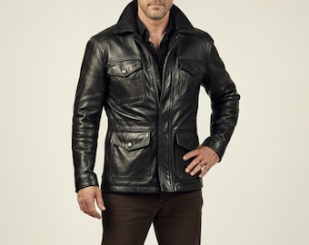 Men's Black Genuine Leather Jacket | Classic slim fit casual outerwear