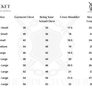 May include: A size chart for jackets, with measurements in inches. The chart includes sizes from 2X-Small to 5X-Large, detailing garment chest, actual chest, cross shoulder, and sleeve length measurements. The text "JACKET" is at the top.