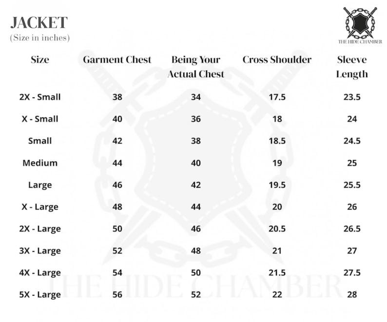 May include: A size chart for jackets, with measurements in inches. The chart includes sizes from 2X-Small to 5X-Large, detailing garment chest, actual chest, cross shoulder, and sleeve length measurements. The text "JACKET" is at the top.