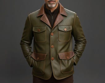 Men’s Vintage Green Leather Jacket with Brown Leather Details – Classic Button-Down Coat with Pockets – Handmade Real Leather Outerwear