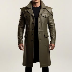 May include: Olive green leather trench coat with a classic collar, shoulder epaulets, and multiple pockets. The long coat features a button-down front and a tailored fit, suitable for outerwear.
