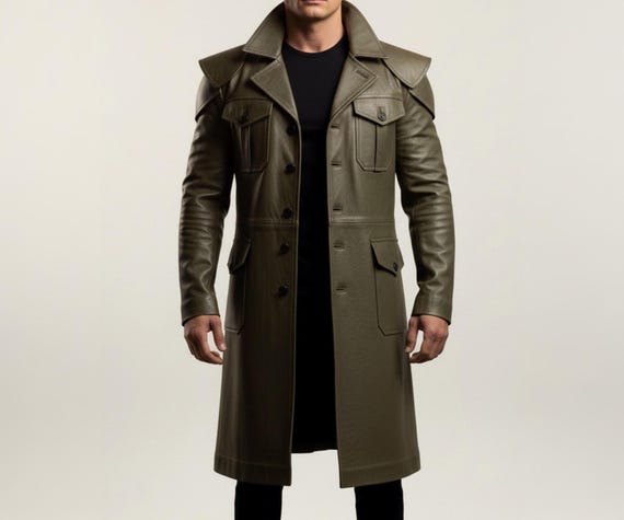 Olive Green Leather Trench Coat for Men – Military Inspired Long Leather Jacket with Bold Shoulders – Premium Genuine Leather Tailored Fit