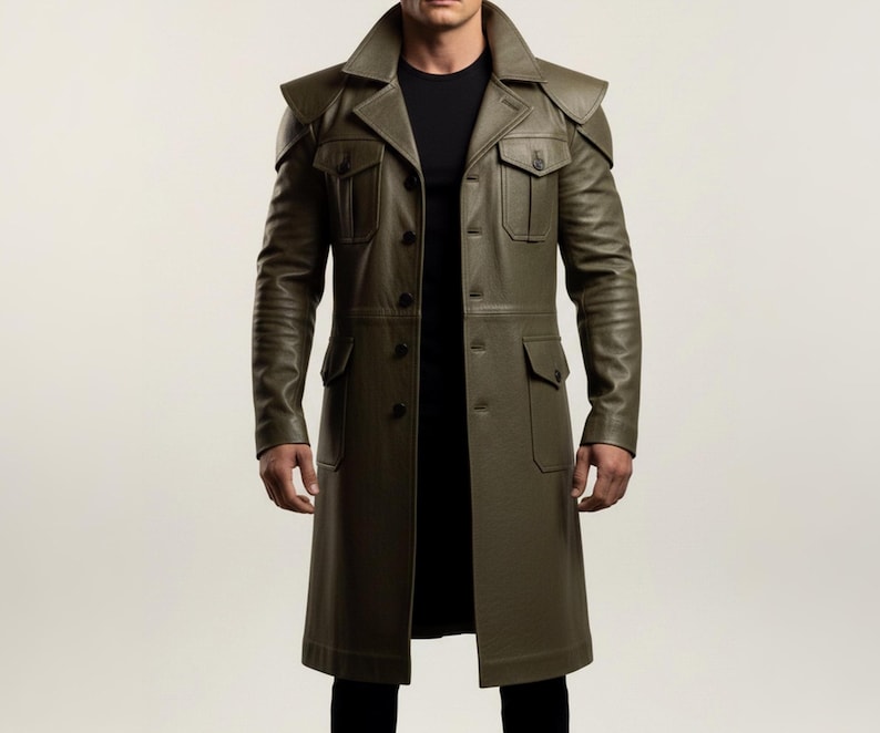 May include: Olive green leather trench coat with a classic collar, shoulder epaulets, and multiple pockets. The long coat features a button-down front and a tailored fit, suitable for outerwear.