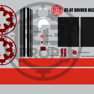 May include: A graphic design featuring AT-AT Driver Decals. The design includes red cogwheels, tube stripes, and various red and black shapes labeled with text such as "Rear Stripe" and "Top of canisters". The background is light gray.