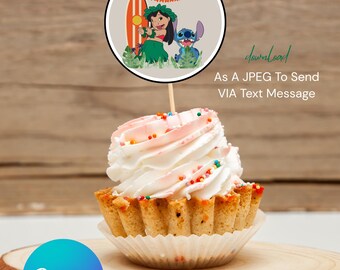 Pode incluir: Um cupcake com cobertura branca e granulado colorido, coberto com uma imagem redonda com personagens de desenhos animados e o texto "Happy Birthday". A imagem também inclui o texto "For Sending Digitally" e "download As A JPEG To Send VIA Text Message."