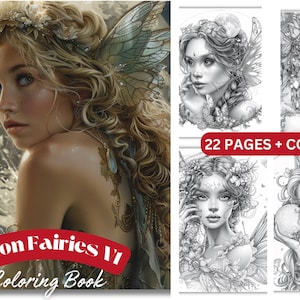 Moon Fairies V1 Coloring Book | 22 Pages + Covers | Beautiful Fairies, Moon, Butterflies, Flowers, Fantasy Girls,  Adult Coloring Book